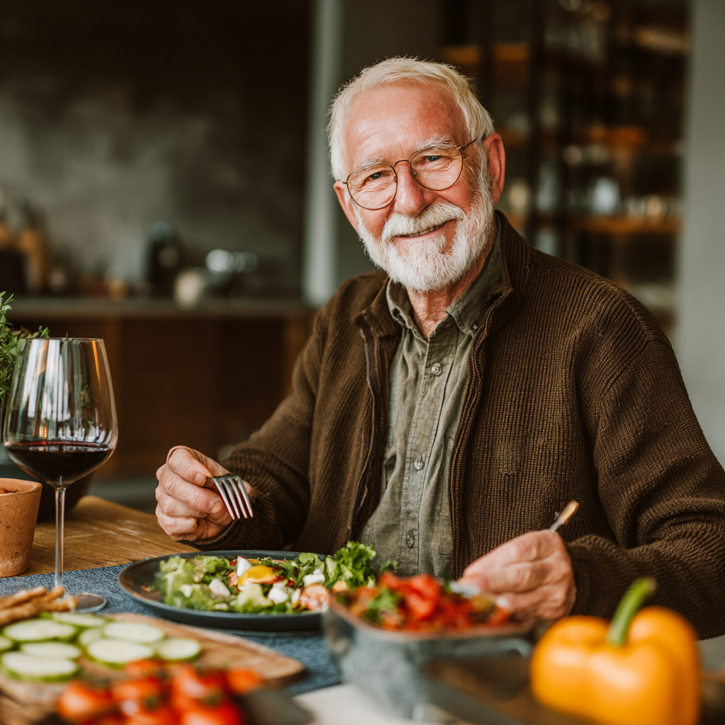 Confident senior European couple preparing healthy nutritious meal together in modern kitchen, smiling while chopping fresh vegetables
