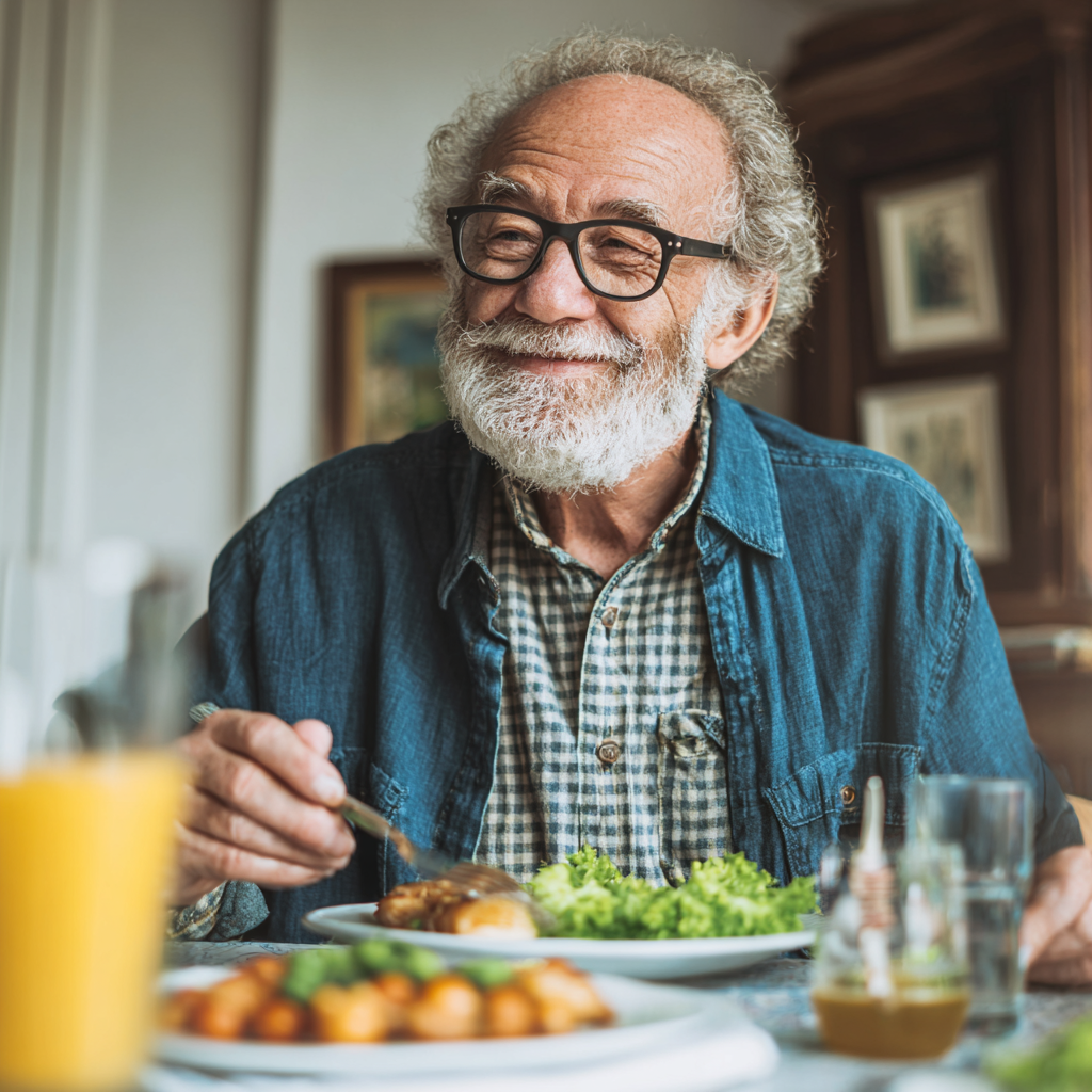Healthy senior European woman measuring portions of balanced meal with proteins, carbohydrates and healthy fats on kitchen scale